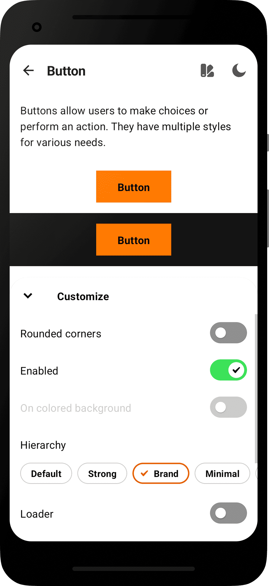 Android app - Button section showcase